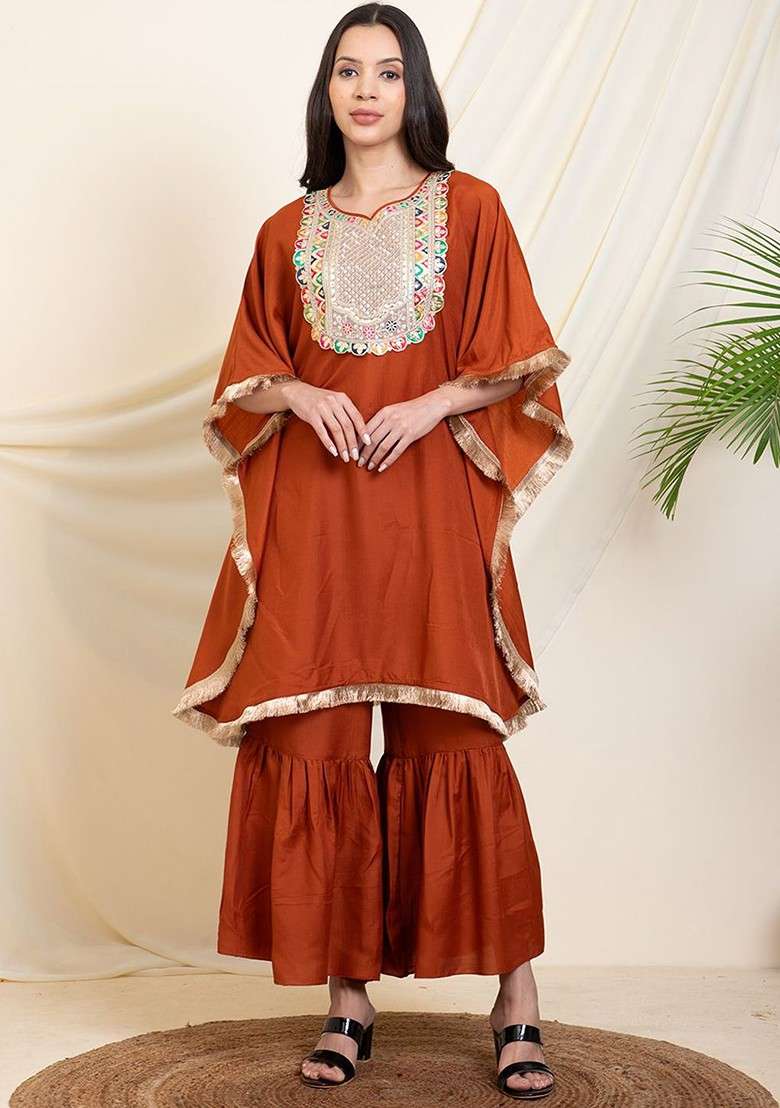 Tan Round Neck Embroidered Kaftan Top With Sharara - Indya