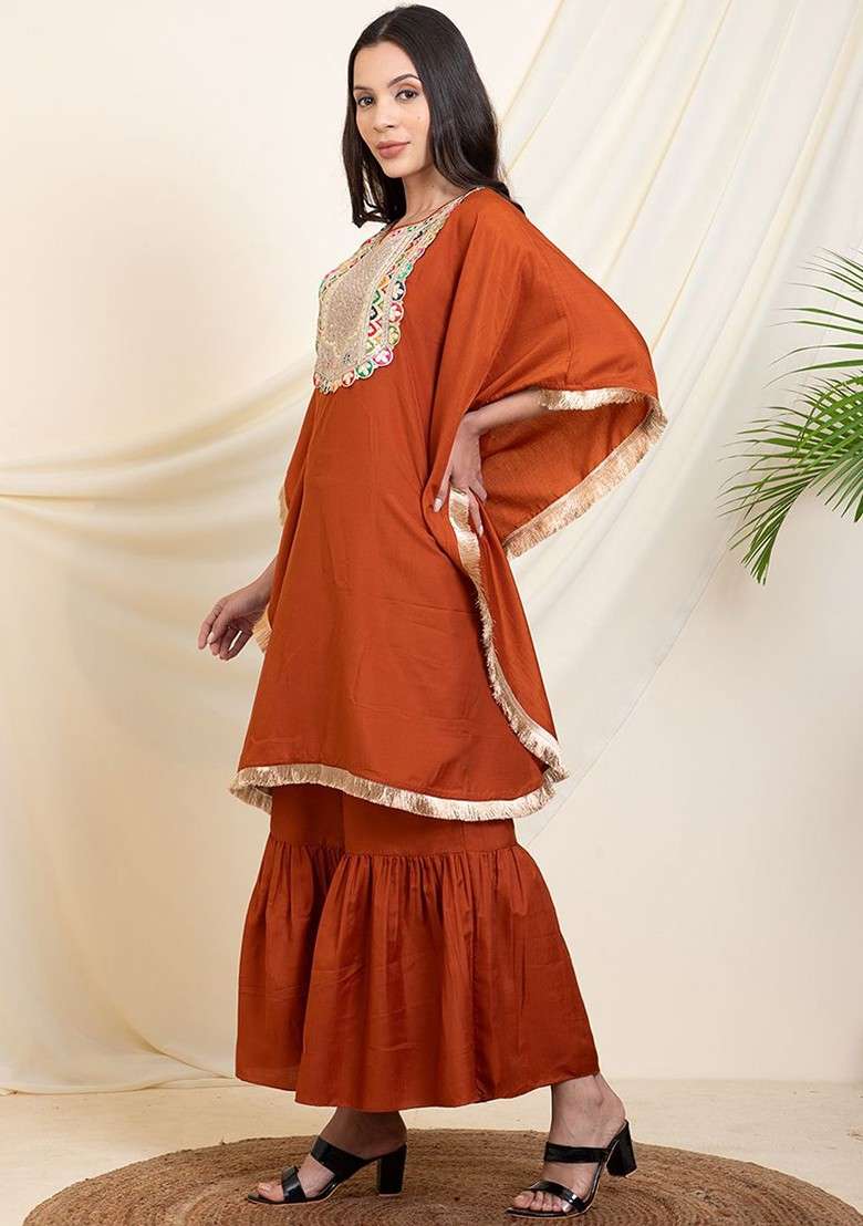 Tan Round Neck Embroidered Kaftan Top With Sharara - Indya