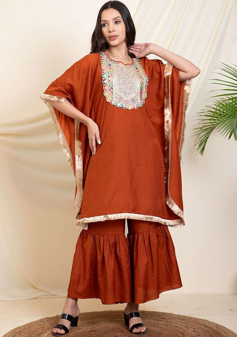 Tan Round Neck Embroidered Kaftan Top With Sharara - Indya
