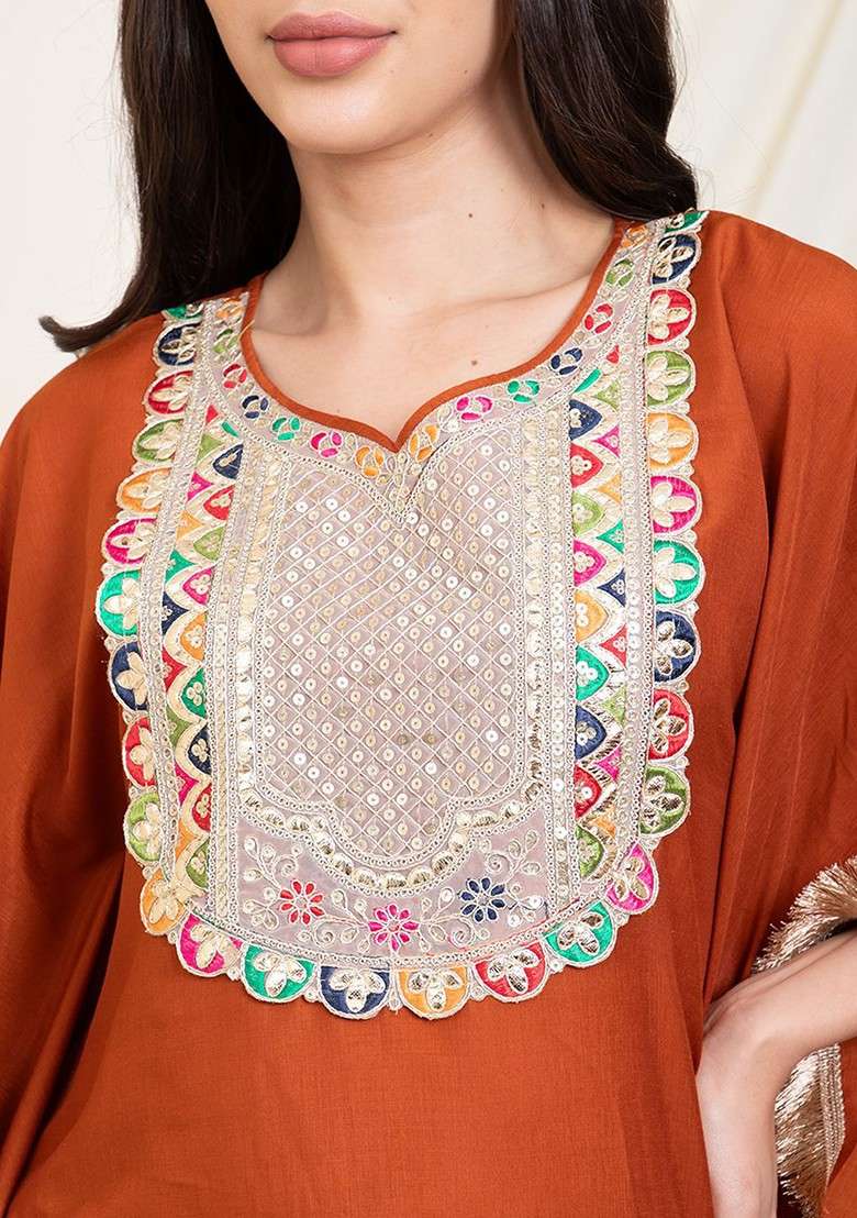 Tan Round Neck Embroidered Kaftan Top With Sharara - Indya