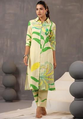 Cream Printed Shirt Collar Threequarter Sleeves Pure Cotton Top With Trouser