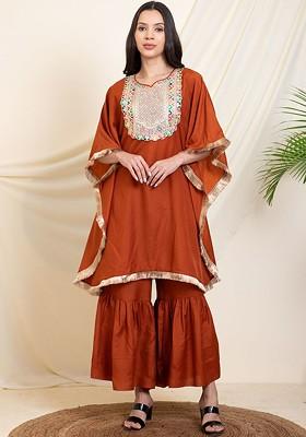 Tan Embellished Kaftan With Sharara Coords