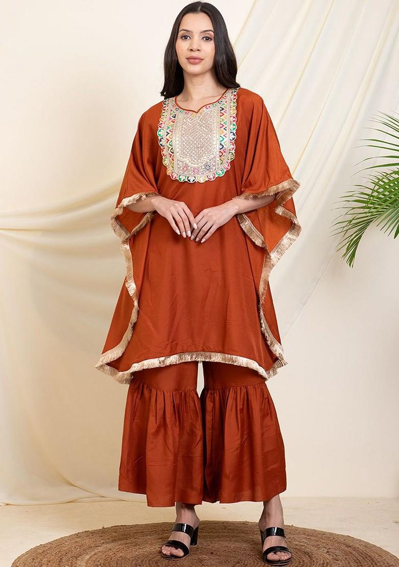 Tan Embellished Kaftan With Sharara Coords