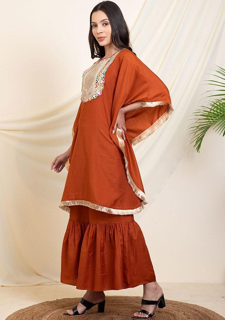 Tan Embellished Kaftan With Sharara Coords