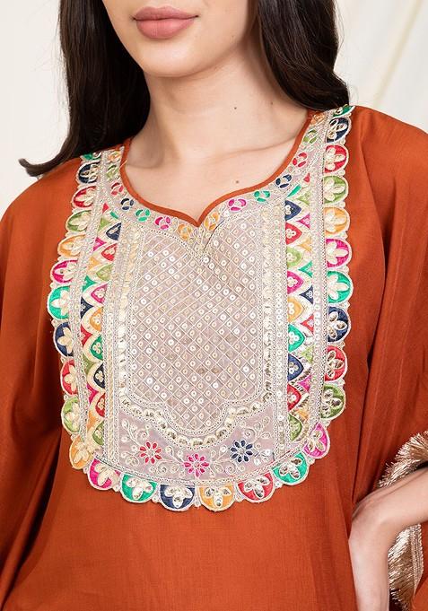 Tan Embellished Kaftan With Sharara Coords