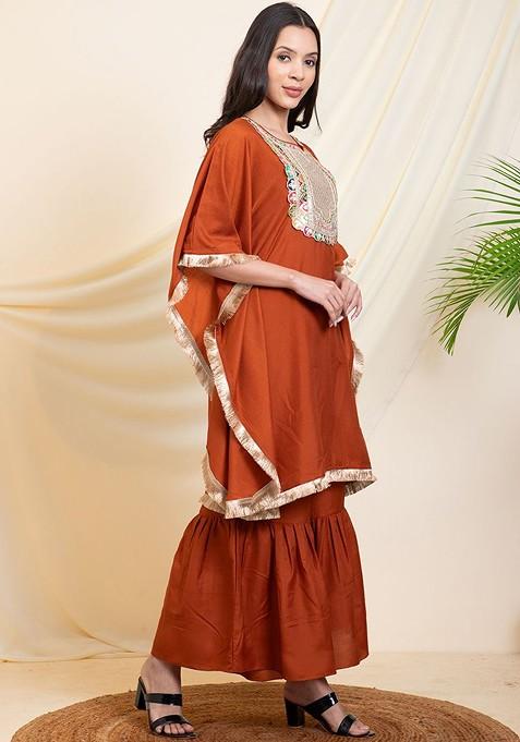 Tan Embellished Kaftan With Sharara Coords