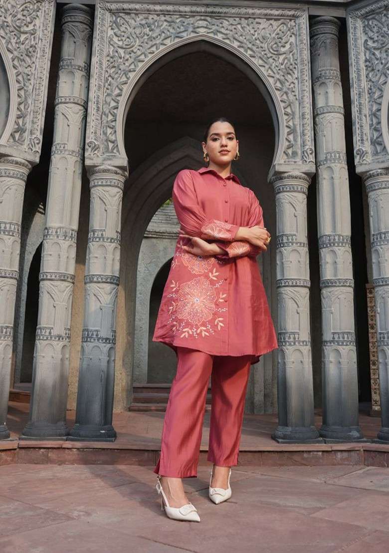Rust Floral Embroidered Tunic And Trousers - Indya