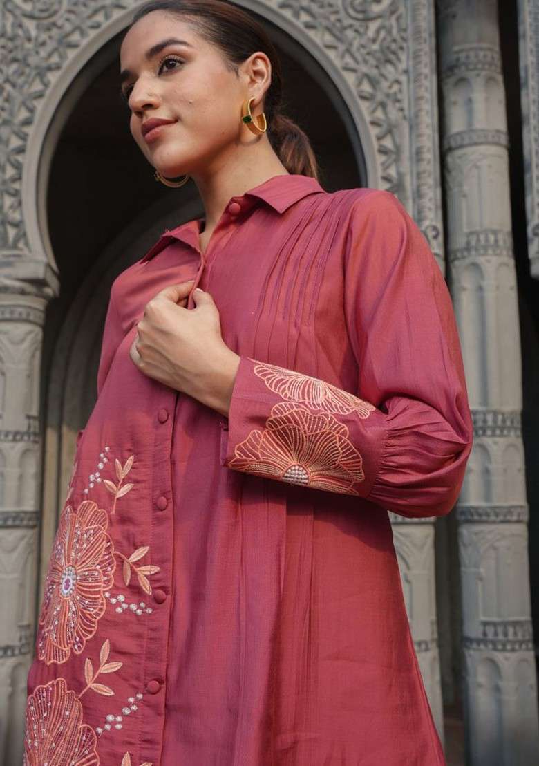 Rust Floral Embroidered Tunic And Trousers - Indya