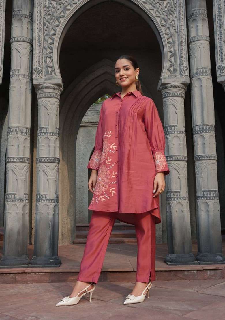 Rust Floral Embroidered Tunic And Trousers - Indya