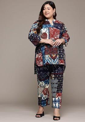 Navy Blue Plus Size Printed Pure Cotton Tunic With Trousers