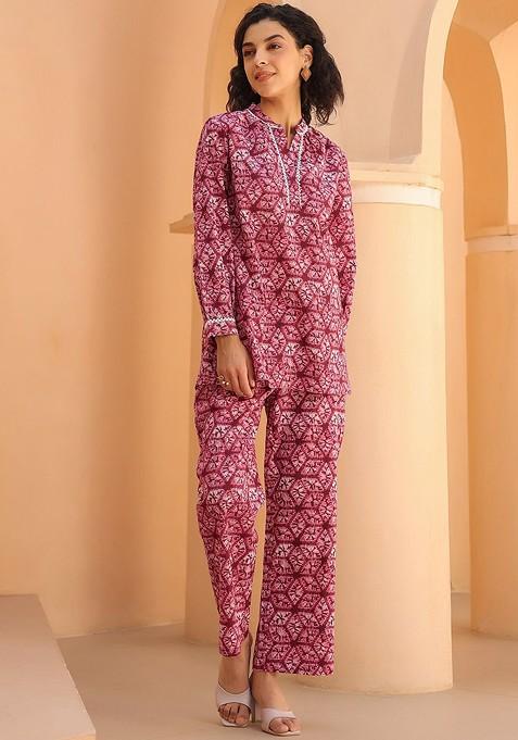 Maroon Tie And Dye Printed Cotton Tunic With Trousers Coords