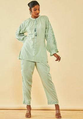 Green Rayon Slub Embroidered Coord Set With Thread Work
