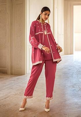 Pink Rayon Slub Embroidered Coord Set With Thread Work