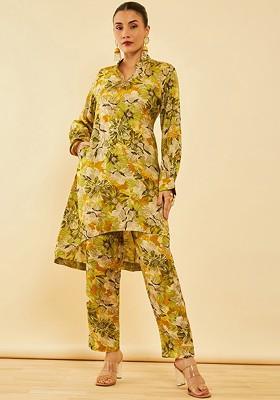 Green Floral Printed Muslin Regular Mirror Work Kurta With Trousers