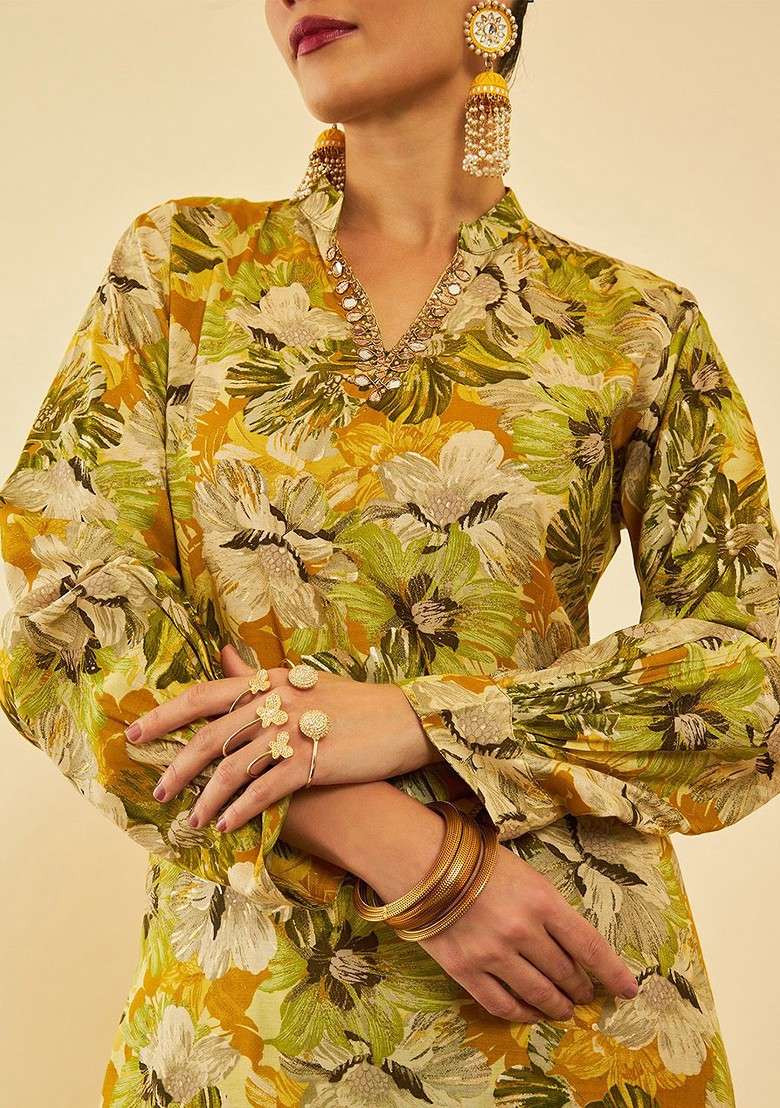 Green Floral Printed Muslin Regular Mirror Work Kurta With Trousers - Indya
