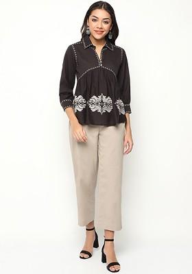 Black Shirt Collar Embroidered Top Ith Trousers