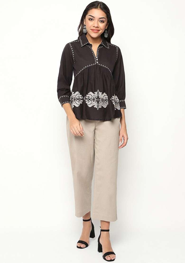 Black Shirt Collar Embroidered Top Ith Trousers - Indya