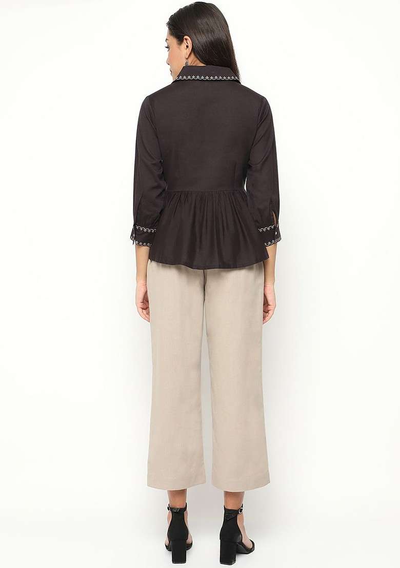 Black Shirt Collar Embroidered Top Ith Trousers - Indya