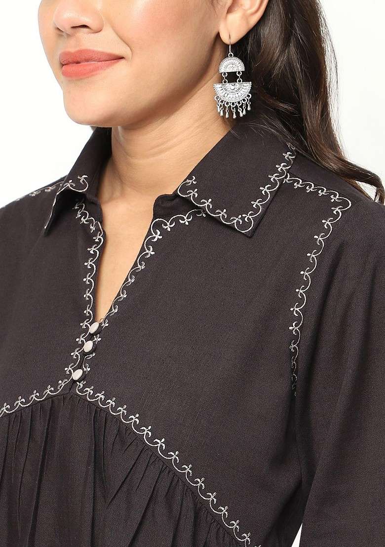 Black Shirt Collar Embroidered Top Ith Trousers - Indya