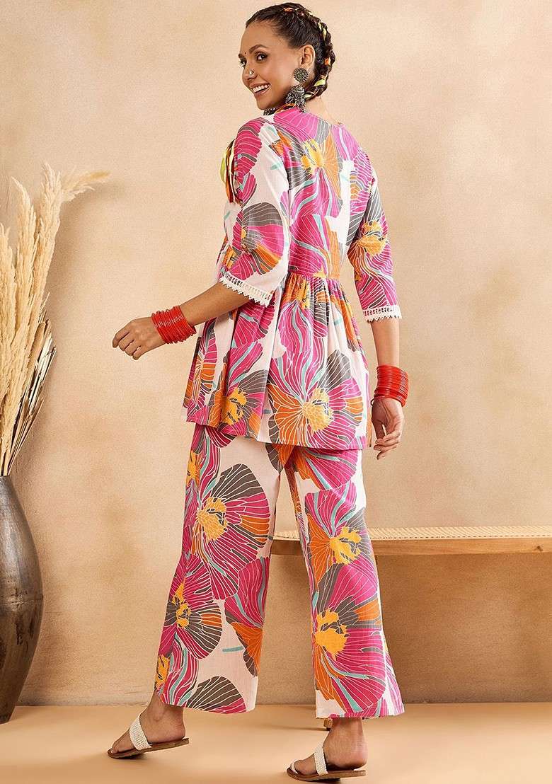 Pink Floral Printed Vneck Threequarter Sleeves Pure Cotton Tunic With Trouser - Indya