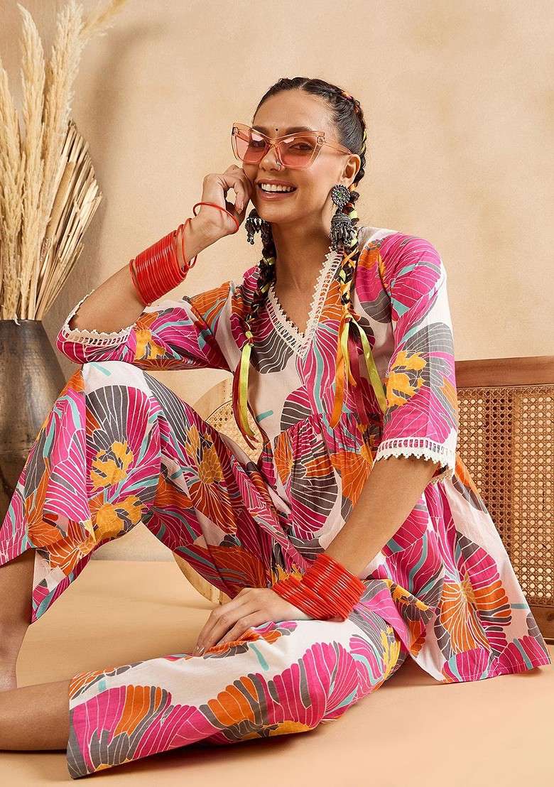 Pink Floral Printed Vneck Threequarter Sleeves Pure Cotton Tunic With Trouser - Indya