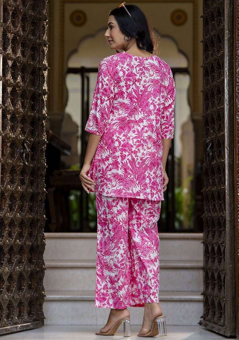 Pink Floral Printed Pure Cotton Tunic Ith Trousers - Indya