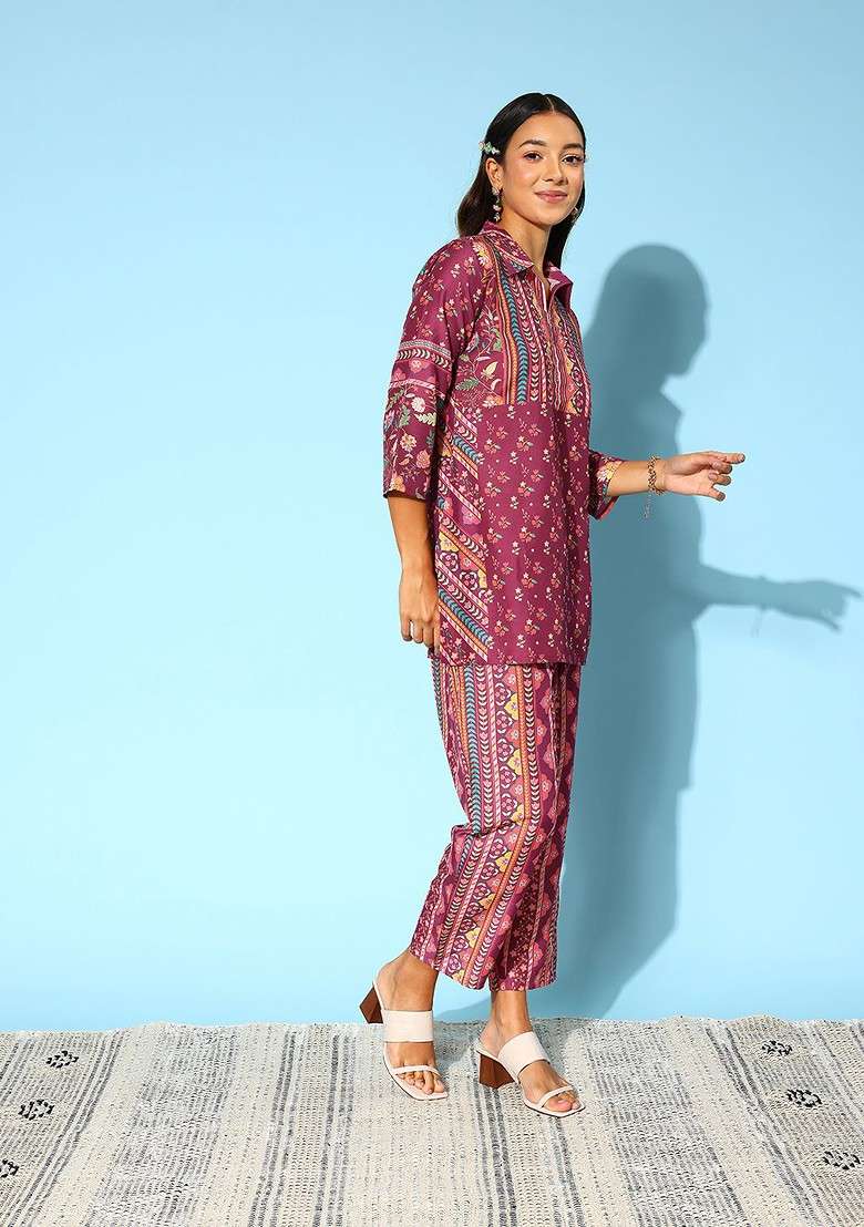 Burgundy Women Floral Printed Coords Set - Indya