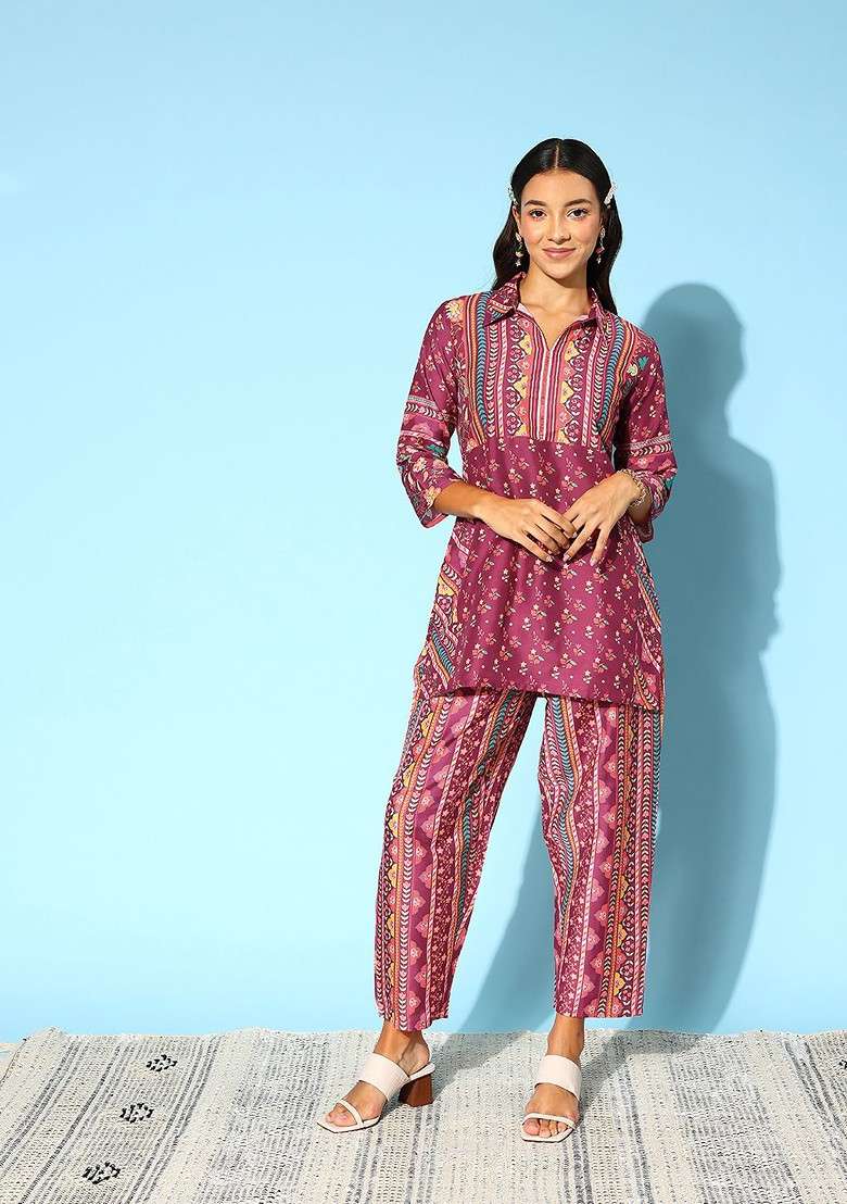 Burgundy Women Floral Printed Coords Set - Indya