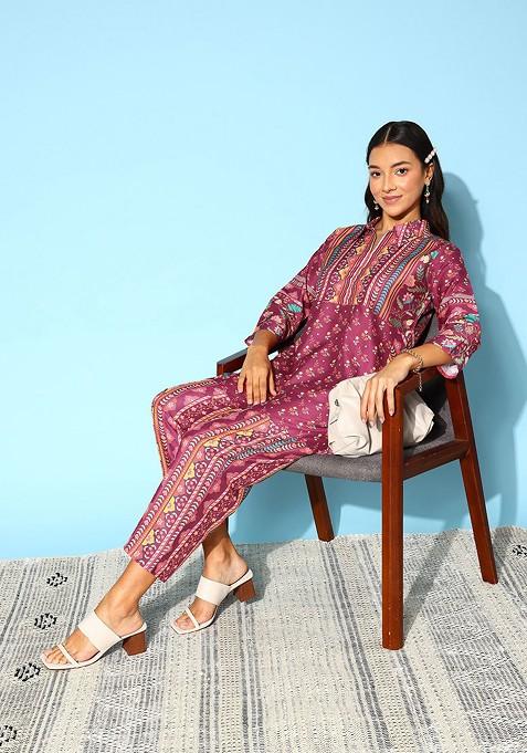 Burgundy Women Floral Printed Coords Set