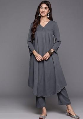 Grey Vneck Silk Crepe Empire Kurta With Trouser