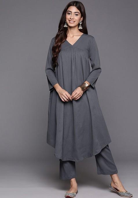 Grey Vneck Silk Crepe Empire Kurta With Trouser