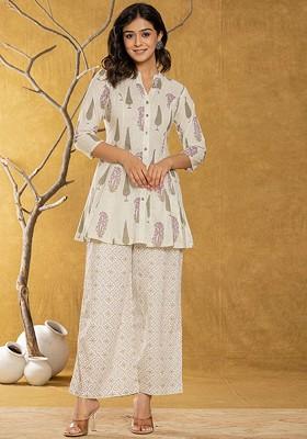 Cream Printed Cotton Top With Trouser Coords