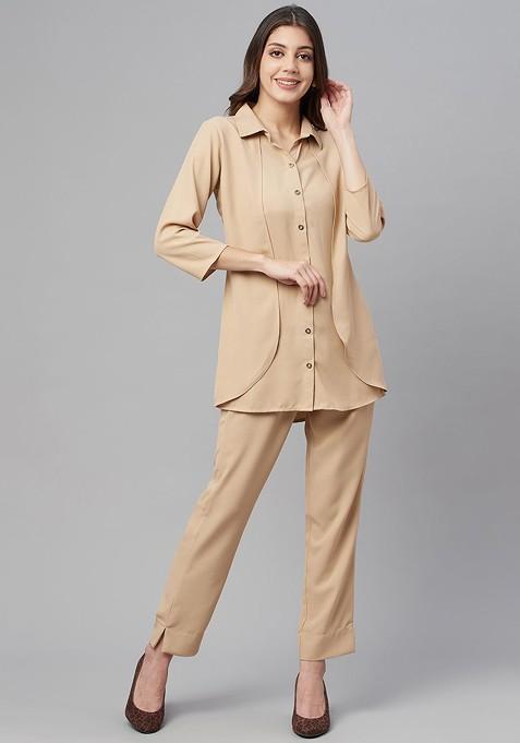 Beige Women Beige Solid Shirt With Trousers