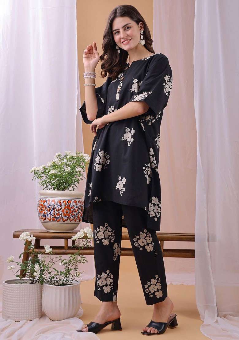 Black Omen Floral Printed Pure Cambric Cotton Coord Set - Indya
