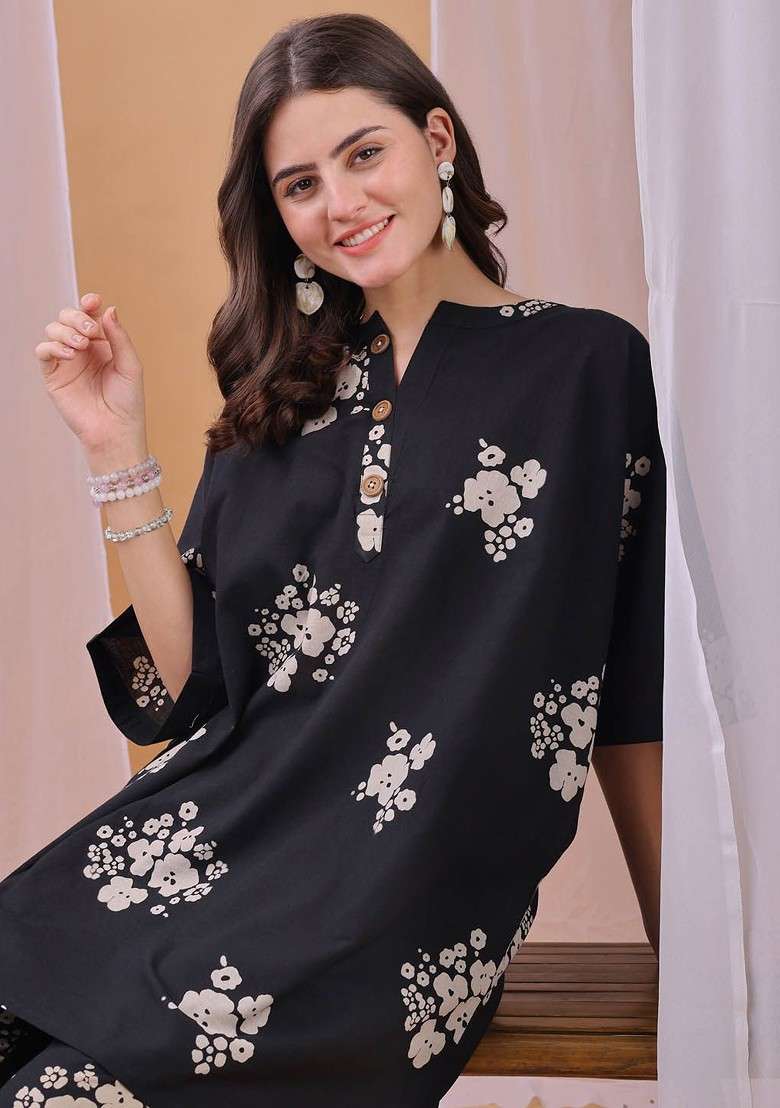 Black Omen Floral Printed Pure Cambric Cotton Coord Set - Indya