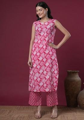 Pink Floral Printed Notch Neck Pure Cotton Tunic And Palazzo