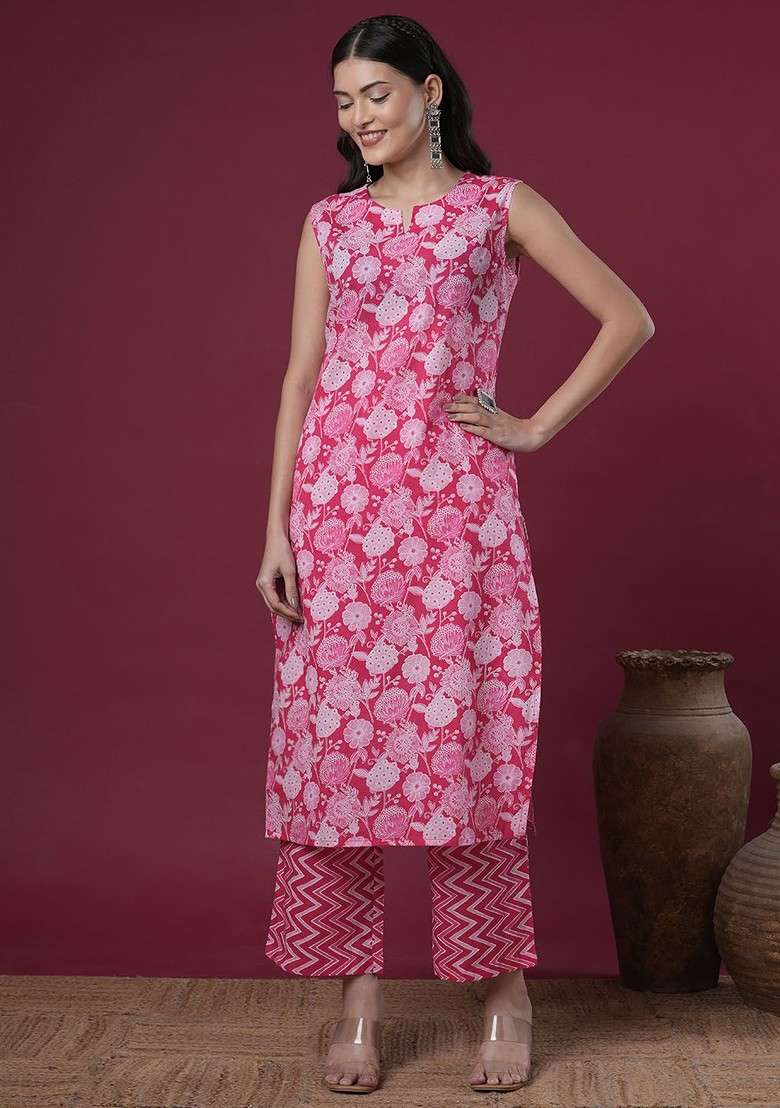 Pink Floral Printed Notch Neck Pure Cotton Tunic And Palazzo - Indya