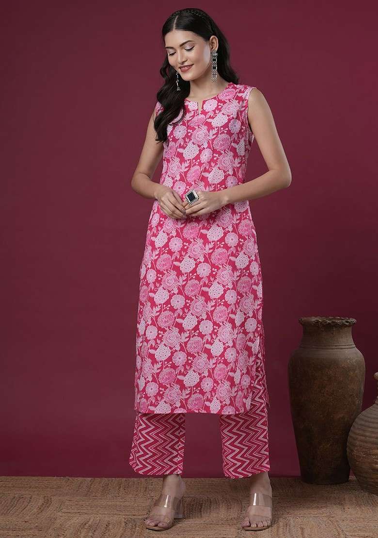 Pink Floral Printed Notch Neck Pure Cotton Tunic And Palazzo - Indya