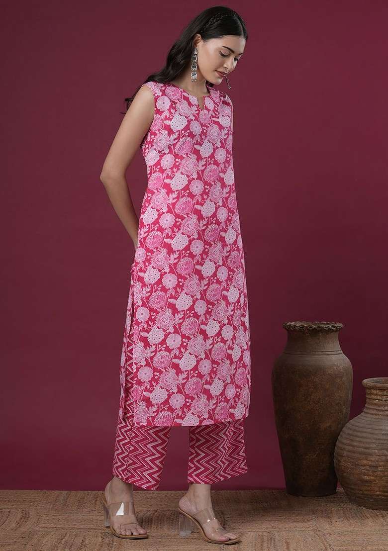 Pink Floral Printed Notch Neck Pure Cotton Tunic And Palazzo - Indya