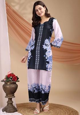 Black Floral Printed Cotton Tunic With Trousers Coords