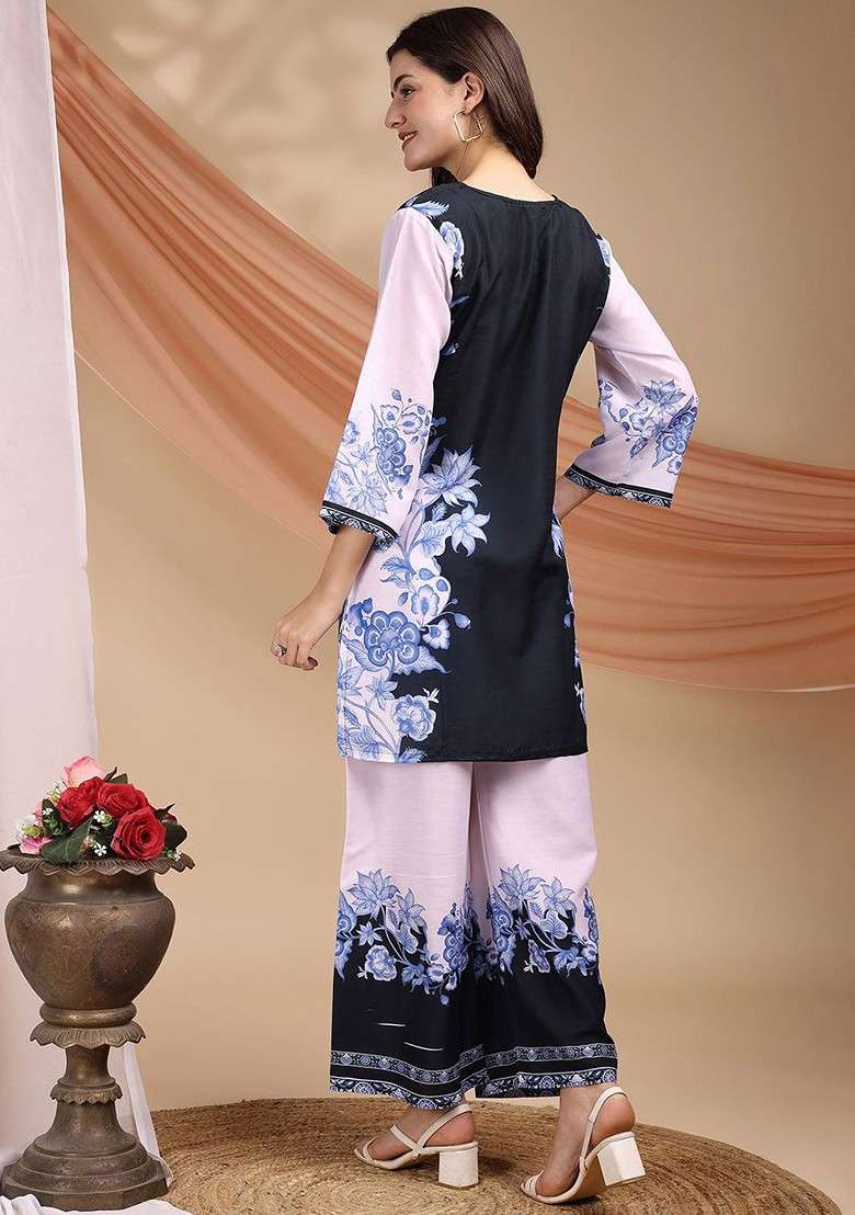 Black Floral Printed Cotton Tunic With Trousers Coords - Indya