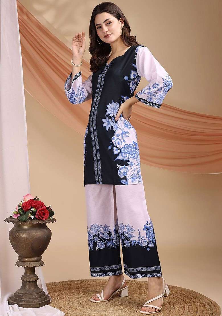 Black Floral Printed Cotton Tunic With Trousers Coords - Indya