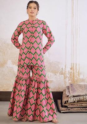 Green Printed Mandarin Collar Tunic With Sharara