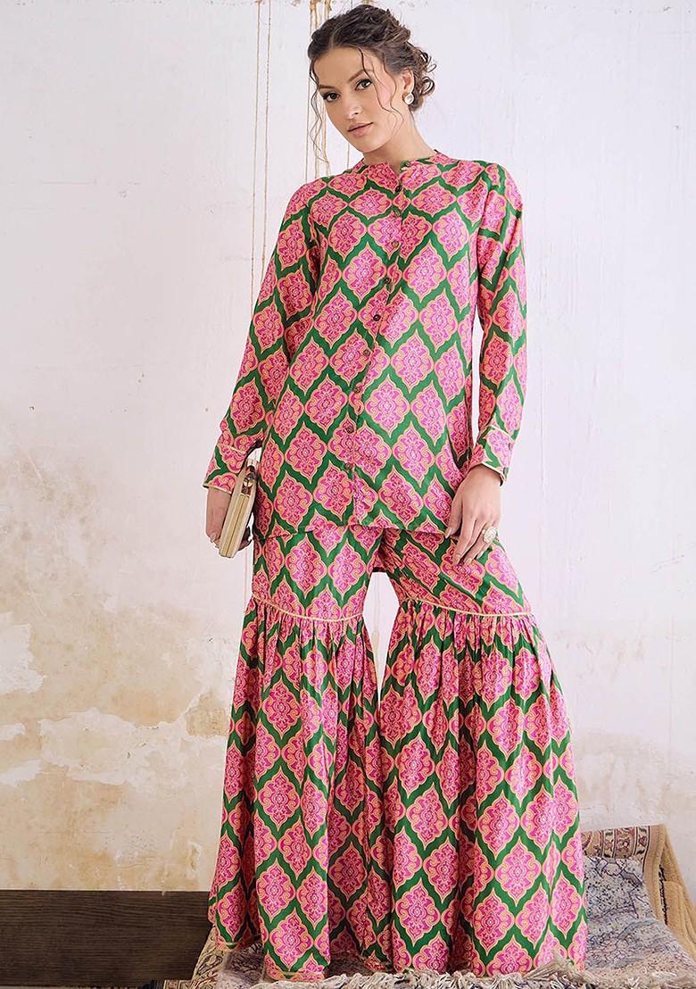 Green Printed Mandarin Collar Tunic With Sharara