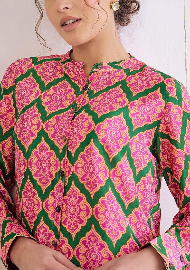 Green Printed Mandarin Collar Tunic With Sharara