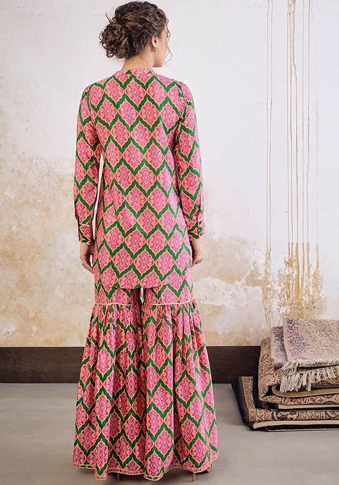 Green Printed Mandarin Collar Tunic With Sharara