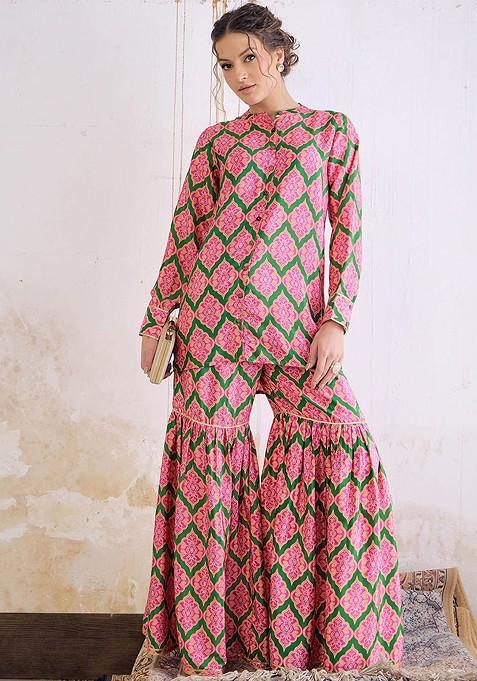 Green Printed Mandarin Collar Tunic With Sharara