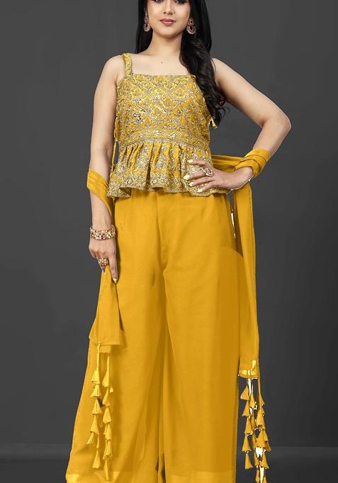 Yellow Shoulder Straps Embroidered Georgette Ethnic Tunic With Palazzos And Dupatta — view on Indya