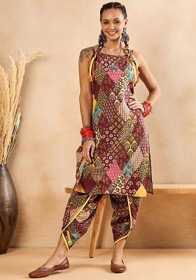 Maroon Ethnic Motifs Printed Shoulder Straps Pure Cotton Straight Kurta With Dhoti Pant