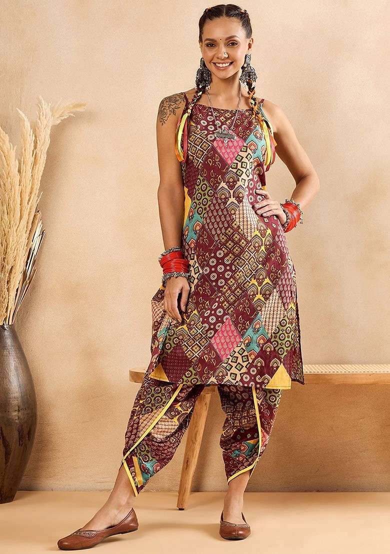 Maroon Embroidered Cotton Punjabi Suit - Indya